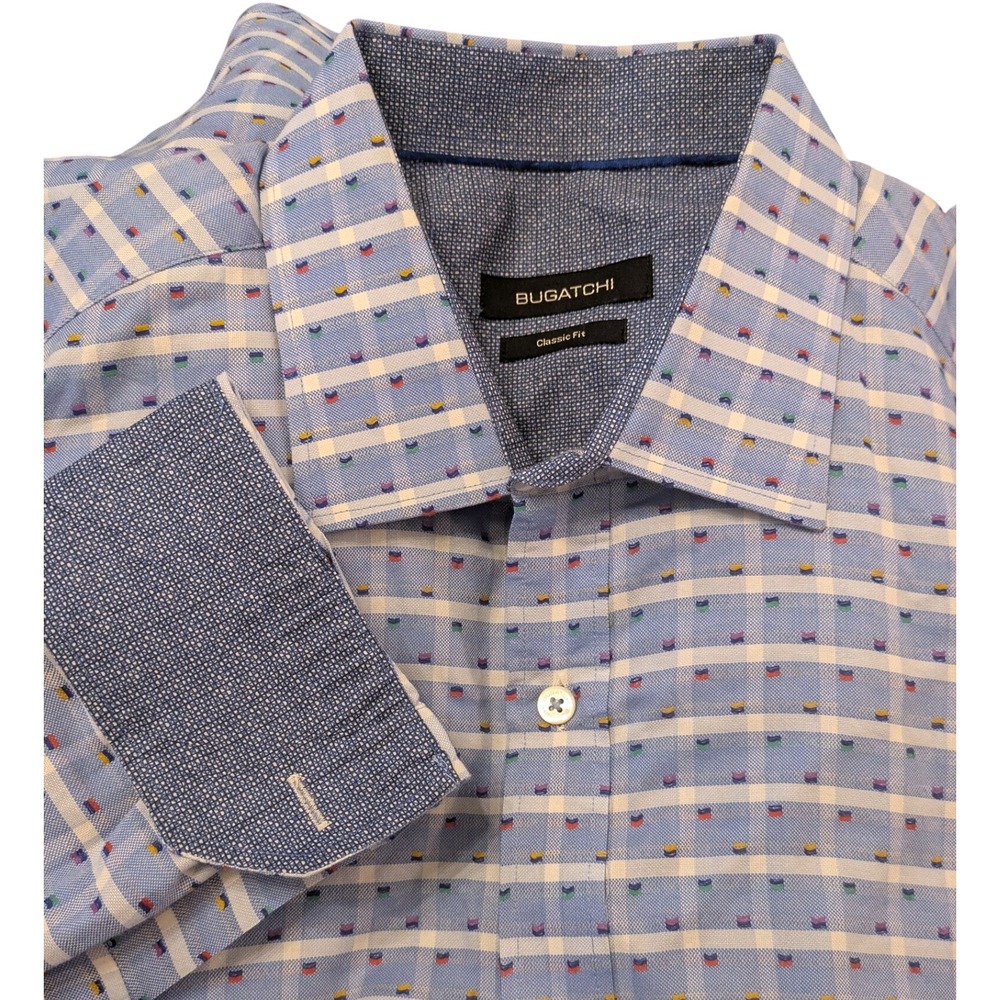 Bugatchi Men's XXL‎ Shirt Classic Fit Blue Check Grid Multicolor Dot 100% Cotton - Picture 2 of 6